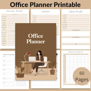 May include: A printable office planner with a brown cover featuring the title "Office Planner." The image includes sections for accounts, schedules, client profiles, and a weekly planner. The image also shows a woman working at a desk with a laptop. The planner has 60 pages.