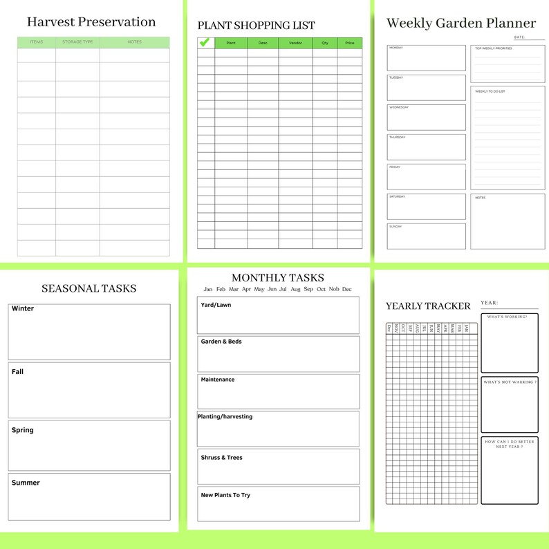 Preview of a 70-page printable garden planner featuring harvest & preservation pages, plant shopping list, weekly garden planner, yearly tracker, monthly tasks, and seasonal tasks, designed for gardeners who love planning and caring for their garden all year long.
 👉 Download the full garden planner and grow your garden with confidence.