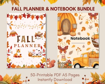 May include: A fall-themed planner and notebook bundle. The planner cover features a cozy sweater, a corgi, and a bicycle. The notebook cover shows a pumpkin house and a truck filled with pumpkins. The text reads "Fall Planner & Notebook Bundle".