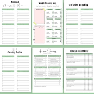 Preview of Seasonal Cleaning Planner, Home Maintenance Tracker, Weekly Cleaning Map, Cleaning Supplies List, Cleaning Checklist, and Daily Home Cleaning Routine pages – designed to simplify your tasks, reduce overwhelm, and help you stay consistent – download now and transform your cleaning routine with ease ✨