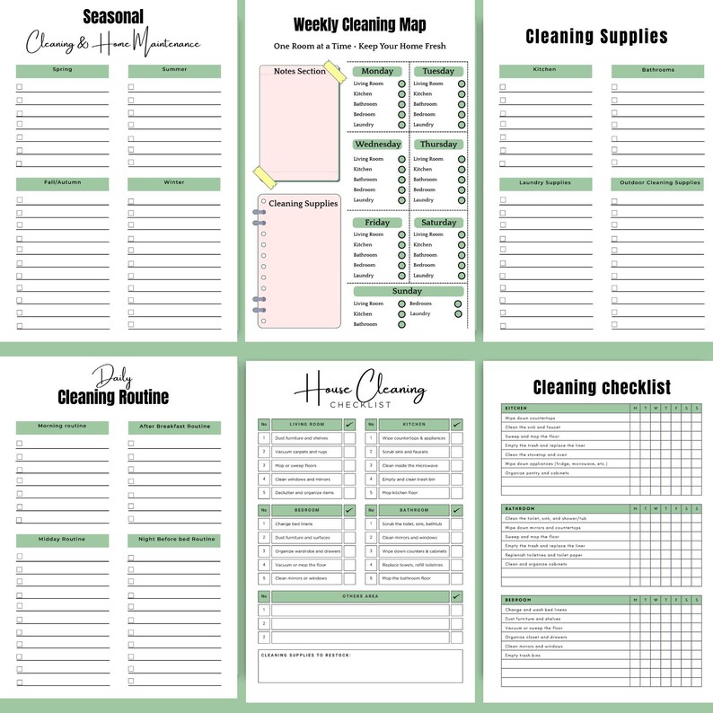 Preview of Seasonal Cleaning Planner, Home Maintenance Tracker, Weekly Cleaning Map, Cleaning Supplies List, Cleaning Checklist, and Daily Home Cleaning Routine pages – designed to simplify your tasks, reduce overwhelm, and help you stay consistent – download now and transform your cleaning routine with ease ✨