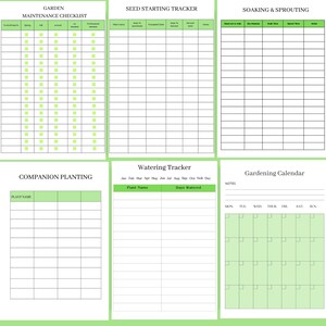 Preview of garden planner pages featuring a garden maintenance checklist, seed starting tracker, soaking & sprouting log, gardening calendar, watering tracker, and companion planting pages, designed to help gardeners plan, track, and care for their garden with ease.
 👉 Download the complete garden planner and grow your garden with confidence.