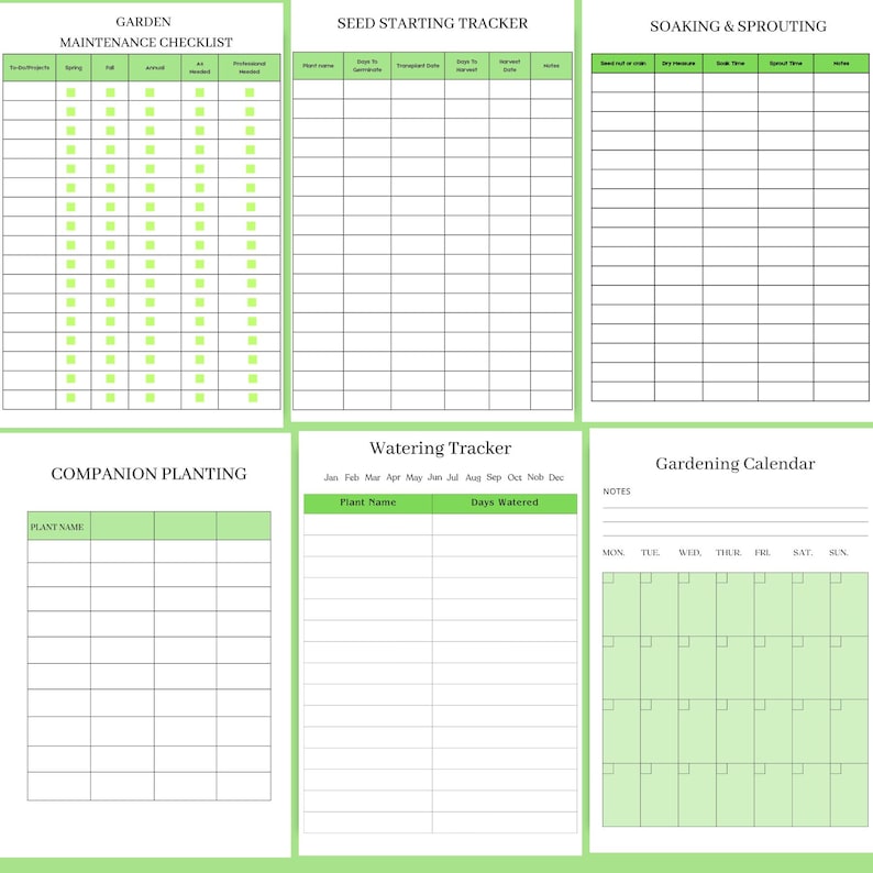 Preview of garden planner pages featuring a garden maintenance checklist, seed starting tracker, soaking & sprouting log, gardening calendar, watering tracker, and companion planting pages, designed to help gardeners plan, track, and care for their garden with ease.
 👉 Download the complete garden planner and grow your garden with confidence.