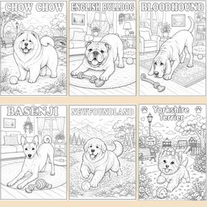 Explore 6 preview pages from this printable Dog Coloring Book featuring charming dog breed illustrations with their names included on each page. From playful puppies to beloved family dogs, every design is ready to print and color. Ideal for kids, adults, and dog enthusiasts looking for a fun and creative activity. Grab your instant download today and start coloring all 50 unique dog breeds!🐾📖🎨