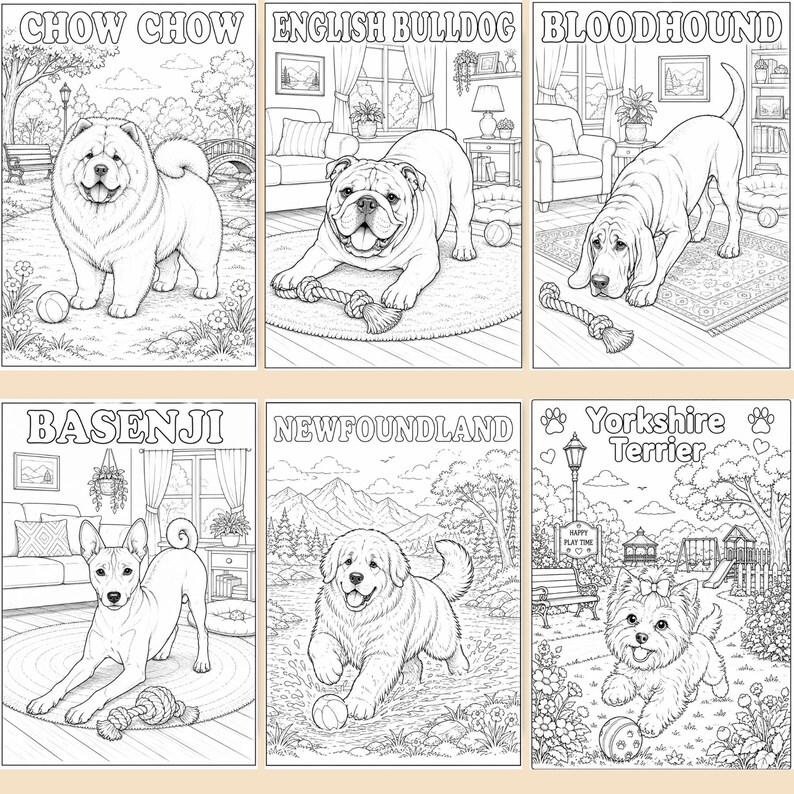 Explore 6 preview pages from this printable Dog Coloring Book featuring charming dog breed illustrations with their names included on each page. From playful puppies to beloved family dogs, every design is ready to print and color. Ideal for kids, adults, and dog enthusiasts looking for a fun and creative activity. Grab your instant download today and start coloring all 50 unique dog breeds!🐾📖🎨