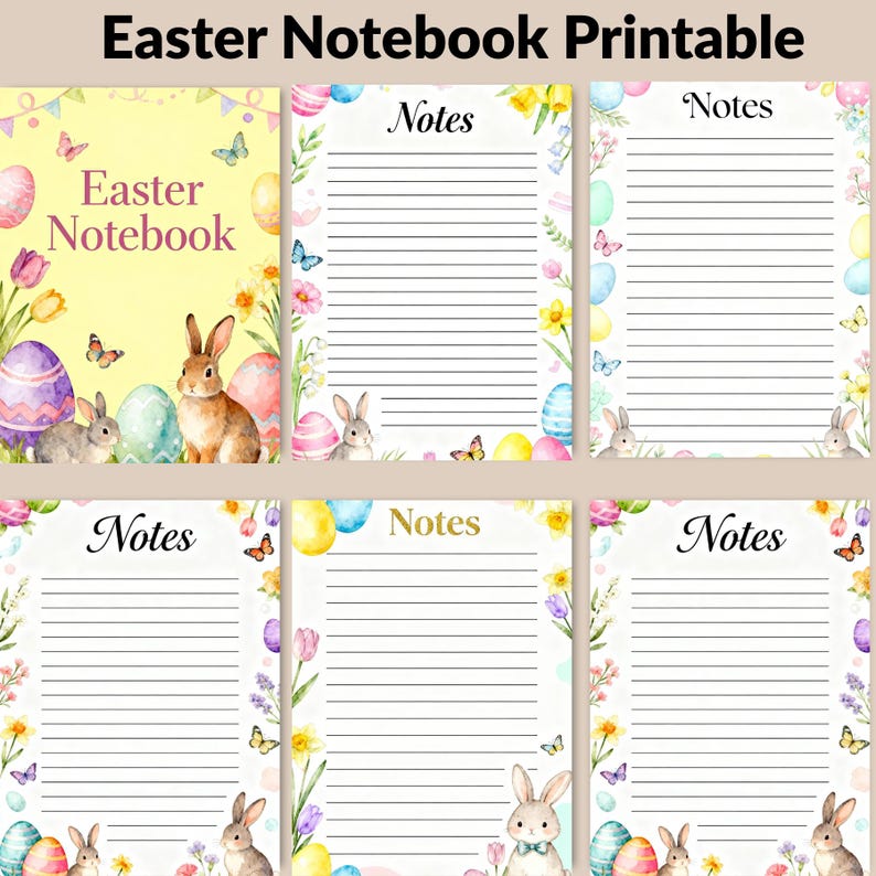 Beautiful preview of the 40-page Easter Notebook included in the Easter Printable Bundle, featuring elegant pastel spring designs and clean, spacious writing pages perfect for notes, journaling, planning and Easter ideas. A4 size printable PDF with a soft festive aesthetic that inspires creativity and organization. Instant download – print and start capturing your Easter memories and plans today.