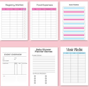 Preview of 6 pages from the 58-page Baby Shower Planner Printable — includes baby registry wish list, food expenses tracker, event timeline, event overview, baby shower planner pages, and music playlist ideas. Perfect for organizing every detail of your shower. Instant download!