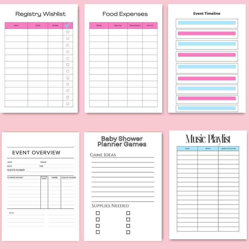 Preview of 6 pages from the 58-page Baby Shower Planner Printable — includes baby registry wish list, food expenses tracker, event timeline, event overview, baby shower planner pages, and music playlist ideas. Perfect for organizing every detail of your shower. Instant download!