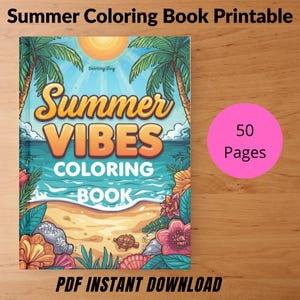 Beautiful cover of a 50-page printable summer coloring book featuring beach-themed illustrations, perfect for instant download and coloring fun.
