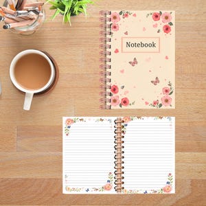 Printable lined Notebook with 50 pages displayed on a table alongside the cover — part of the Teacher Planner 2026–2027 Bundle. Download your printable notebook instantly.”