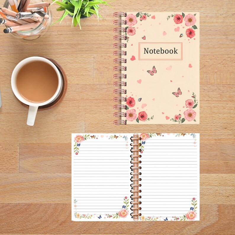 Printable lined Notebook with 50 pages displayed on a table alongside the cover — part of the Teacher Planner 2026–2027 Bundle. Download your printable notebook instantly.”