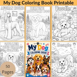 Dog Coloring Book Printable featuring 50 different dog breeds, each page includes a cute dog illustration with its breed name for easy coloring and learning. Perfect for dog lovers, kids, and adults who enjoy relaxing coloring activities. A4 PDF instant download with 50 unique dog designs ready to print at home. Download today and start coloring your favorite dog breeds!🐶🎨