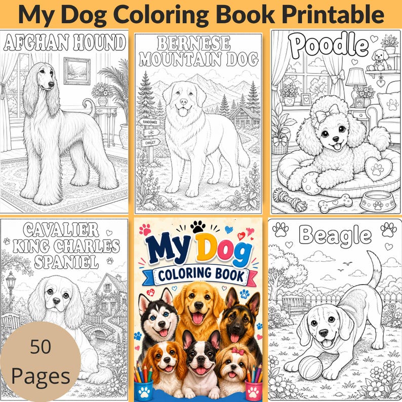 Dog Coloring Book Printable featuring 50 different dog breeds, each page includes a cute dog illustration with its breed name for easy coloring and learning. Perfect for dog lovers, kids, and adults who enjoy relaxing coloring activities. A4 PDF instant download with 50 unique dog designs ready to print at home. Download today and start coloring your favorite dog breeds!🐶🎨