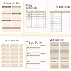 Vision Board Planner pages featuring Self-Care Intention, Daily Schedule, Daily Habits Tracker, My Average Day planner, Things To Do list, and a Vision Board layout designed to help you stay organized, build positive habits, and focus on your dream life. Download now and start planning your best life today.✨