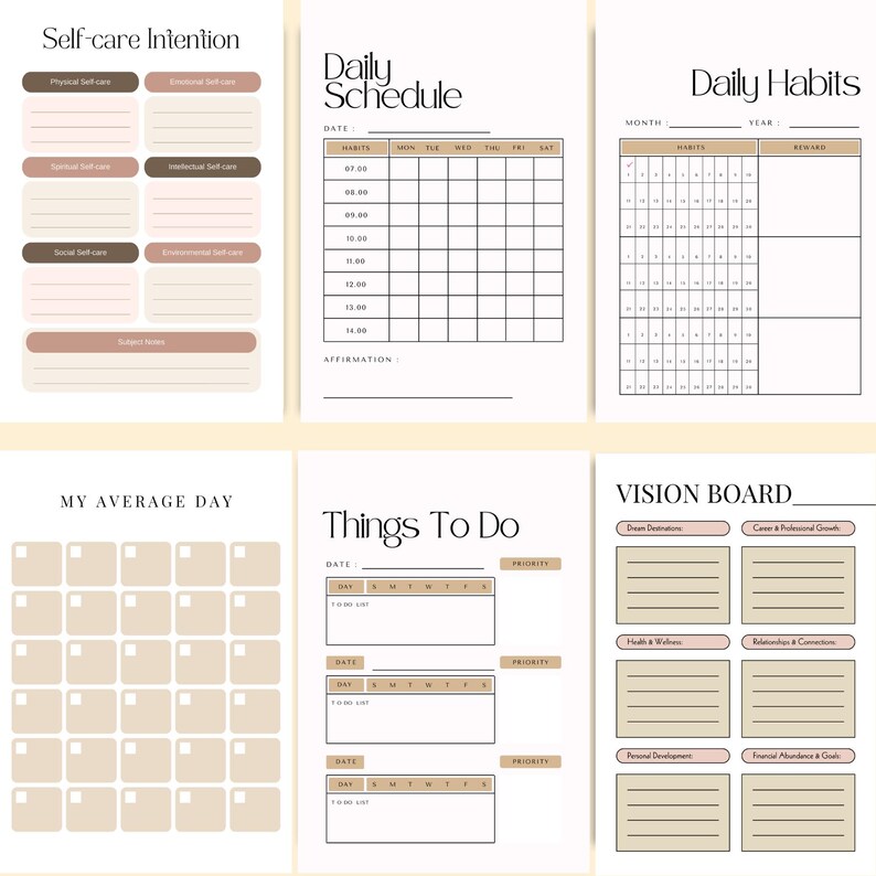 Vision Board Planner pages featuring Self-Care Intention, Daily Schedule, Daily Habits Tracker, My Average Day planner, Things To Do list, and a Vision Board layout designed to help you stay organized, build positive habits, and focus on your dream life. Download now and start planning your best life today.✨