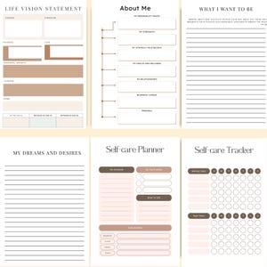 Vision Board Planner pages featuring a Life Vision Statement, About Me reflection, What I Want to Be, My Dreams and Desires, plus a Self-Care Planner and Self-Care Tracker to help you nurture your goals, mindset, and well-being. Download now and start creating a life you truly love.✨