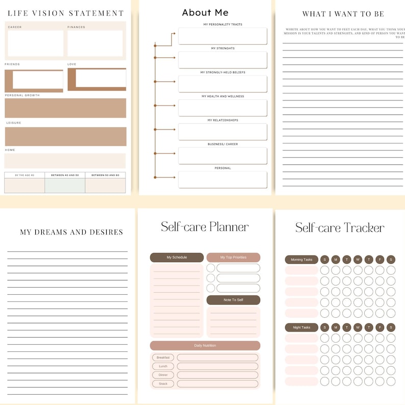 Vision Board Planner pages featuring a Life Vision Statement, About Me reflection, What I Want to Be, My Dreams and Desires, plus a Self-Care Planner and Self-Care Tracker to help you nurture your goals, mindset, and well-being. Download now and start creating a life you truly love.✨