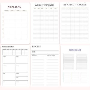 Printable Fitness Planner A4 PDF meal planning pages – meal planner, weight tracker, running tracker, calories tracker, recipe page and grocery list, fitness planner printable for healthy lifestyle and workout organization – instant download.