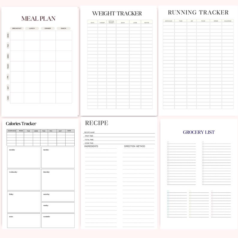Printable Fitness Planner A4 PDF meal planning pages – meal planner, weight tracker, running tracker, calories tracker, recipe page and grocery list, fitness planner printable for healthy lifestyle and workout organization – instant download.