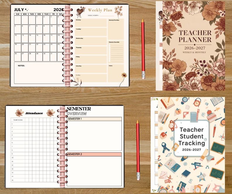 Printed Teacher Planner 2026–2027 pages organized in a binder, showing both planners with 51 pages each in A4 format — easy to print, punch, and store. Download your printable teacher planners instantly.”