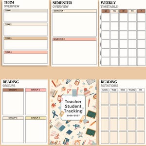Teacher–Student Tracking Planner pages featuring Term Overview, Semester Overview, Weekly Timetable, Reading Groups, and Reading Rotations — printable classroom planning tools for teachers. Download your 2026–2027 planner instantly.”