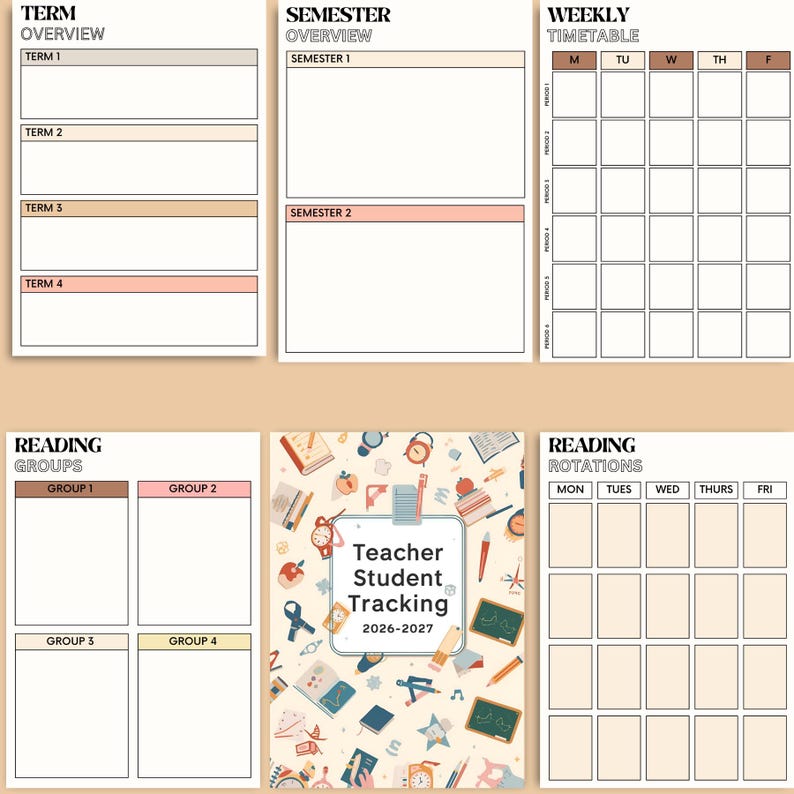 Teacher–Student Tracking Planner pages featuring Term Overview, Semester Overview, Weekly Timetable, Reading Groups, and Reading Rotations — printable classroom planning tools for teachers. Download your 2026–2027 planner instantly.”