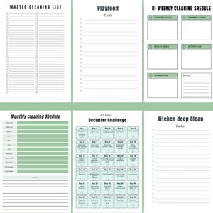 ADHD Cleaning Planner printable pages including Master Cleaning List, Playroom Checklist, Bi-Weekly Cleaning Schedule, Kitchen Deep Clean, 30-Day Declutter Challenge, and Monthly Cleaning Schedule – structured to keep you focused, motivated, and consistent without overwhelm – download instantly and transform your home step by step today ✨
