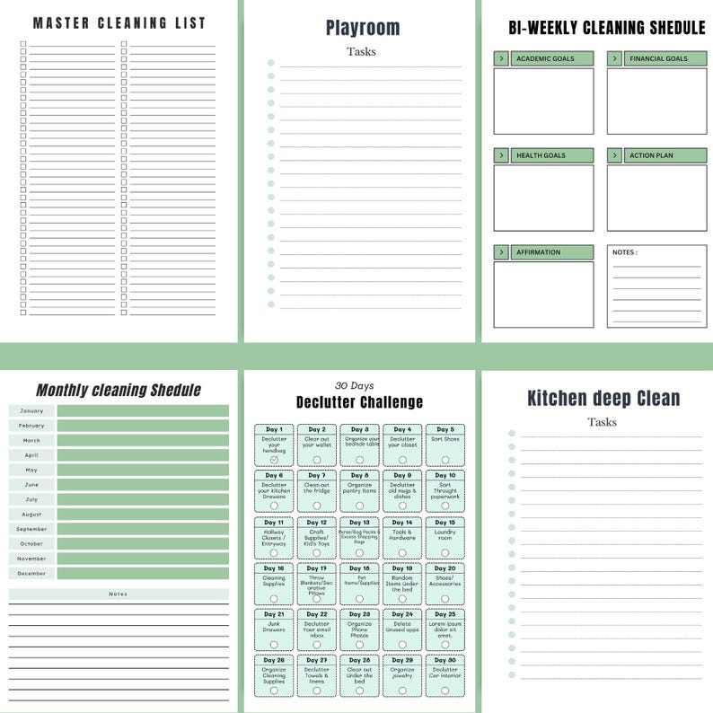 ADHD Cleaning Planner printable pages including Master Cleaning List, Playroom Checklist, Bi-Weekly Cleaning Schedule, Kitchen Deep Clean, 30-Day Declutter Challenge, and Monthly Cleaning Schedule – structured to keep you focused, motivated, and consistent without overwhelm – download instantly and transform your home step by step today ✨