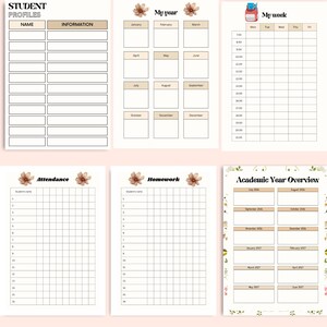 Teacher–Student Tracking Planner pages showing Student Profiles, My Year, My Week, Attendance, Homework Tracker, and Academic Year Overview — essential printable tools for teachers. Download your teacher tracking planner instantly.”