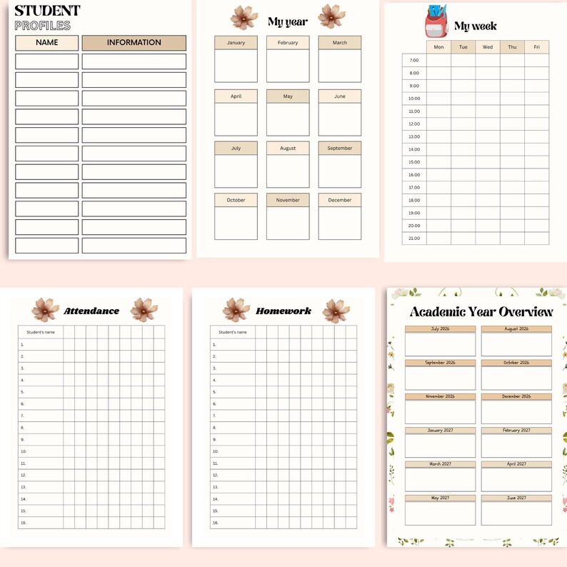 Teacher–Student Tracking Planner pages showing Student Profiles, My Year, My Week, Attendance, Homework Tracker, and Academic Year Overview — essential printable tools for teachers. Download your teacher tracking planner instantly.”