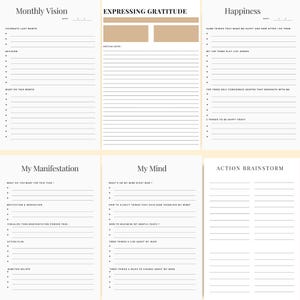 Preview of the Vision Board Planner pages featuring Monthly Vision planning, Expressing Gratitude, Happiness reflection, My Manifestation, My Mind mindset pages, Action planning, and Brainstorm worksheets designed to help you organize your ideas and turn your dreams into reality. Download now and start designing the life you truly want.✨