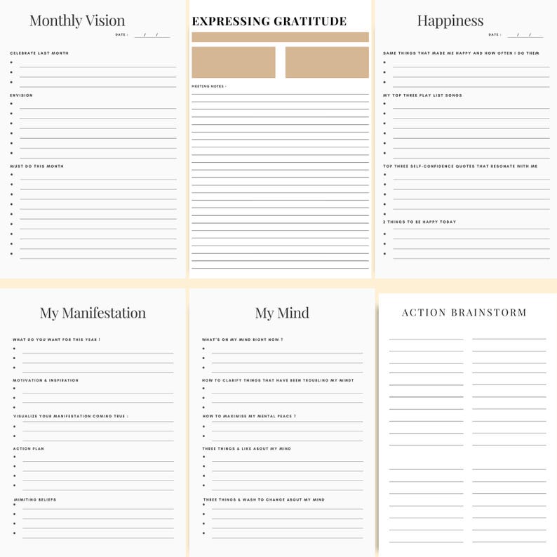 Preview of the Vision Board Planner pages featuring Monthly Vision planning, Expressing Gratitude, Happiness reflection, My Manifestation, My Mind mindset pages, Action planning, and Brainstorm worksheets designed to help you organize your ideas and turn your dreams into reality. Download now and start designing the life you truly want.✨