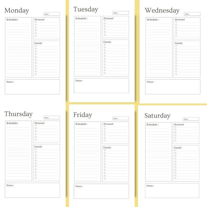 Preview of the 7 daily planning pages included in the 43-page Easter Printable Planner, featuring beautifully designed layouts for Monday through Sunday. Soft pastel spring theme with dedicated space for priorities, to-do lists, notes and Easter preparations. A4 size printable PDF, perfect for organizing your week and planning a joyful, stress-free Easter. Instant download – print and start planning today.