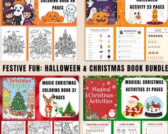 May include: A bundle of Halloween and Christmas activity books. The Halloween books include coloring and activity pages with ghosts, pumpkins, and haunted houses. The Christmas books feature Santa, reindeer, and Christmas trees. Each book has a different page count.
