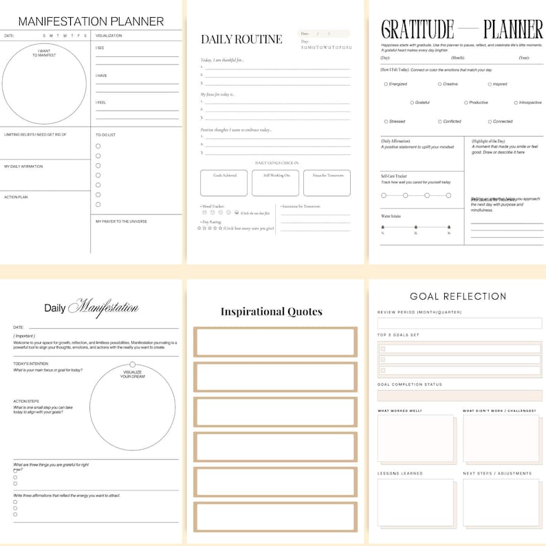 Inside the Vision Board Planner: manifestation planner, daily routine planner, gratitude planner, daily manifestation pages, inspirational quotes, and goal reflection worksheets to help you stay positive, focused, and aligned with your dreams. Download now and start manifesting the life you truly desire.✨
