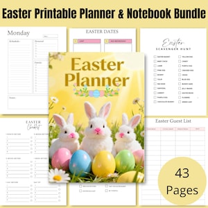 Easter Printable Planner & Easter Notebook Bundle featuring a beautifully designed 43-page Easter planner and 40-page matching notebook, perfect for organizing Easter egg hunts, spring events, family gatherings, meal planning and holiday to-do lists. Soft pastel spring design with festive Easter elements creates a joyful and organized planning experience. A4 PDF instant download – print at home and start planning your happiest Easter today.