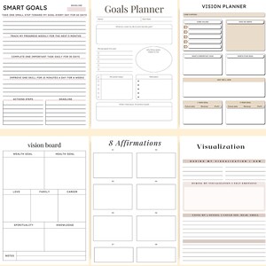 Preview of the Vision Board Planner pages including SMART Goals planner, Goal Planning worksheets, Vision Planner, Vision Board layout, 8 Affirmations pages, and Visualization exercises designed to help you stay focused, motivated, and turn your dreams into clear, actionable goals. Download now and start creating your dream life.✨