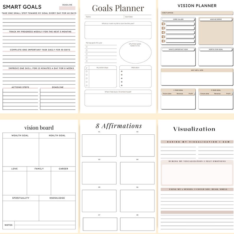 Preview of the Vision Board Planner pages including SMART Goals planner, Goal Planning worksheets, Vision Planner, Vision Board layout, 8 Affirmations pages, and Visualization exercises designed to help you stay focused, motivated, and turn your dreams into clear, actionable goals. Download now and start creating your dream life.✨