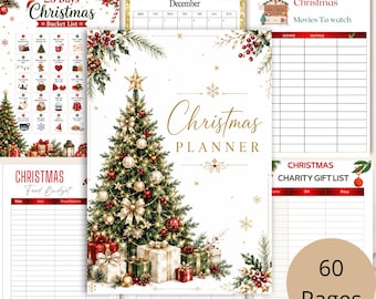 May include: A Christmas planner and notebook bundle printable featuring a 60-page collection. The cover displays a decorated Christmas tree with gifts, while interior pages include a 25-day bucket list, a December calendar, a movie tracker, a food budget, and a charity gift list.