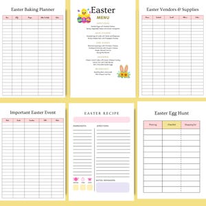 Preview of Easter baking planner, Easter menu planner, Easter vendors & supplies tracker, Easter egg hunt planner, Easter recipe page and important Easter events organizer. Beautiful pastel spring layout designed to help you plan meals, desserts, activities and special moments with ease. Part of the 43-page Easter Printable Planner in A4 size PDF format. Instant download – print and enjoy a perfectly organized and memorable Easter celebration today.