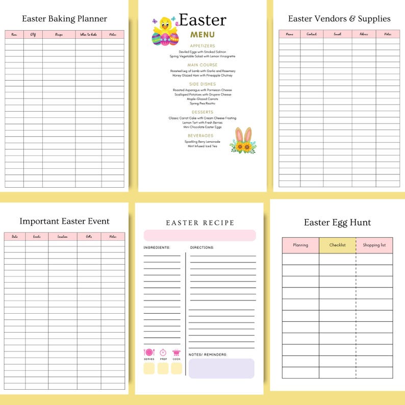 Preview of Easter baking planner, Easter menu planner, Easter vendors & supplies tracker, Easter egg hunt planner, Easter recipe page and important Easter events organizer. Beautiful pastel spring layout designed to help you plan meals, desserts, activities and special moments with ease. Part of the 43-page Easter Printable Planner in A4 size PDF format. Instant download – print and enjoy a perfectly organized and memorable Easter celebration today.