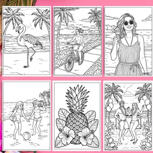 Preview of 6 beautiful beach-themed coloring pages from a 50-page printable summer coloring book, perfect for instant download and coloring.
