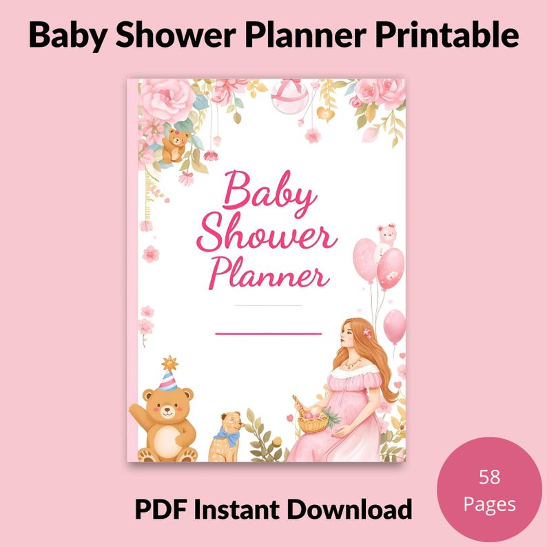 Two beautiful Baby Shower Planner cover pages included — elegant and modern designs to personalize your 58-page printable planner. Perfect for moms-to-be choosing their favorite style. Download instantly!