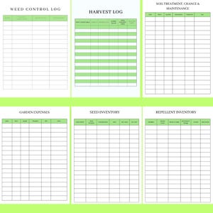 Preview of garden planner pages including weed control log, harvest log, soil treatment & maintenance, repellent inventory, seed inventory, and garden expenses, created to help gardeners stay organized and care for their garden efficiently.
 👉 Download the complete garden planner and manage your garden with confidence.
