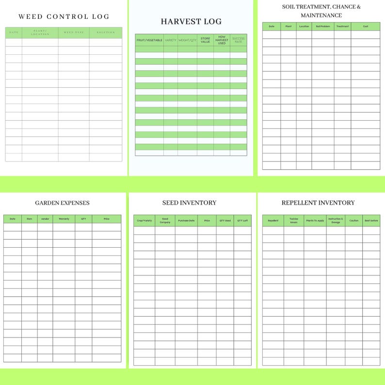 Preview of garden planner pages including weed control log, harvest log, soil treatment & maintenance, repellent inventory, seed inventory, and garden expenses, created to help gardeners stay organized and care for their garden efficiently.
 👉 Download the complete garden planner and manage your garden with confidence.