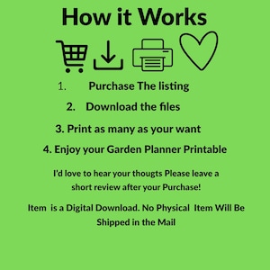 Instruction page for a digital garden planner printable: purchase the listing, download the files, print as many as you want, and enjoy your garden planner. This is a digital download; no physical item will be shipped.
 👉 Download now and start planning your garden today.