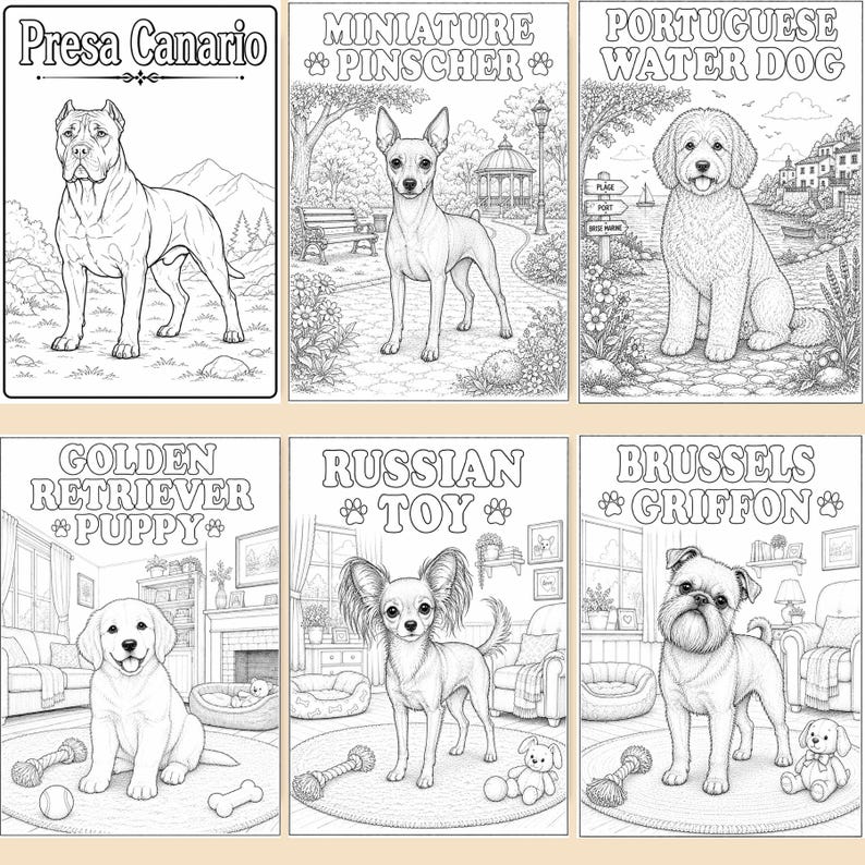 Preview of 6 coloring pages from the Dog Coloring Book Printable, featuring beautiful dog breed illustrations with each dog's name clearly displayed. Includes detailed and easy-to-color designs perfect for kids, teens, and adults who love dogs. Discover a variety of adorable dog breeds and enjoy hours of creative coloring fun. **Get your instant download today and color all 50 dog breeds! 🐾🎨📖