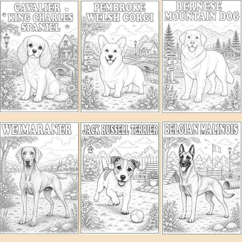 Six sample pages from a Dog Coloring Book Printable featuring adorable dog breed illustrations and their names. Each page showcases a unique dog design created for coloring and learning about different breeds. Perfect for dog lovers, classrooms, homeschool activities, and relaxing creative time. Download your copy now and enjoy coloring 50 different dog breeds from the comfort of home!🐶✨🎨