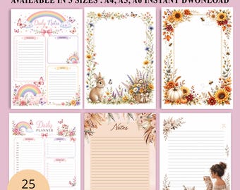 May include: A printable notepad bundle featuring six distinct page designs with themes including rainbows, butterflies, a rabbit in a floral garden, sunflowers with pumpkins, and a person with candles. Text includes Printable Notepad Bundle, Daily Notes, Daily Planner, Notes, and 25 Pages.