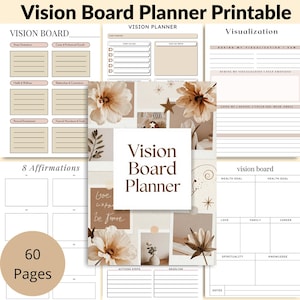 Beautiful 60-page Vision Board Planner Printable with an elegant cover, designed to inspire your dreams, clarify your goals, and help you create the life you truly want. Instantly downloadable A4 PDF perfect for goal setting, manifestation, and planning your dream life — download now and start turning your vision into reality. ✨